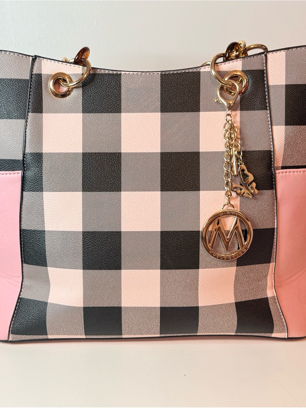 Mia K Collection Pink and Black Plaid Tote with Gold Charm